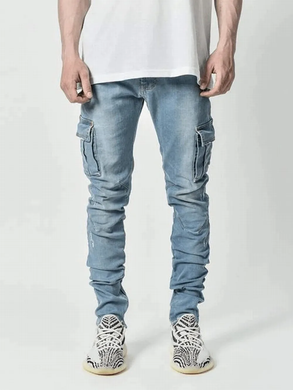 Street Elastic Jeans Men Denim Cargo Pants