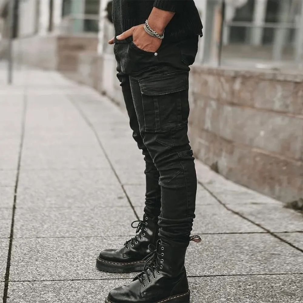 Street Elastic Jeans Men Denim Cargo Pants