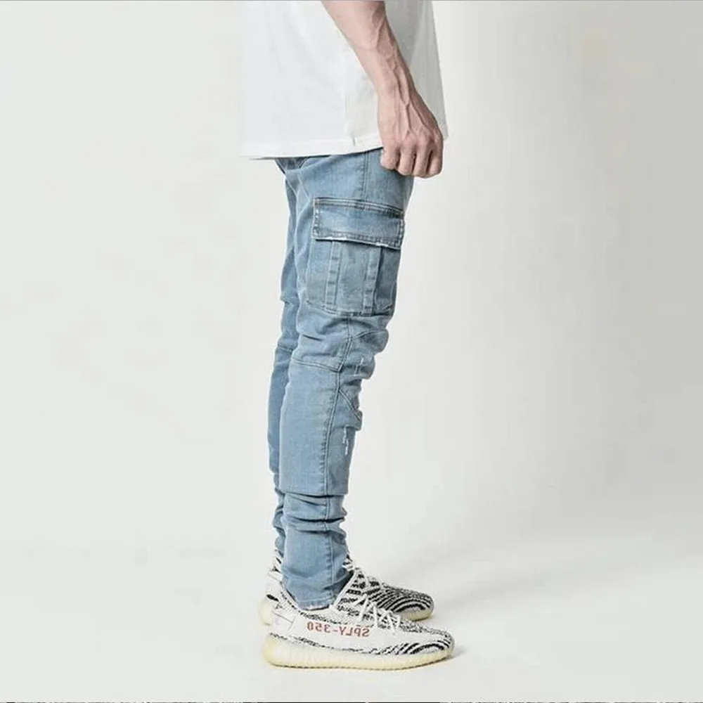 Street Elastic Jeans Men Denim Cargo Pants
