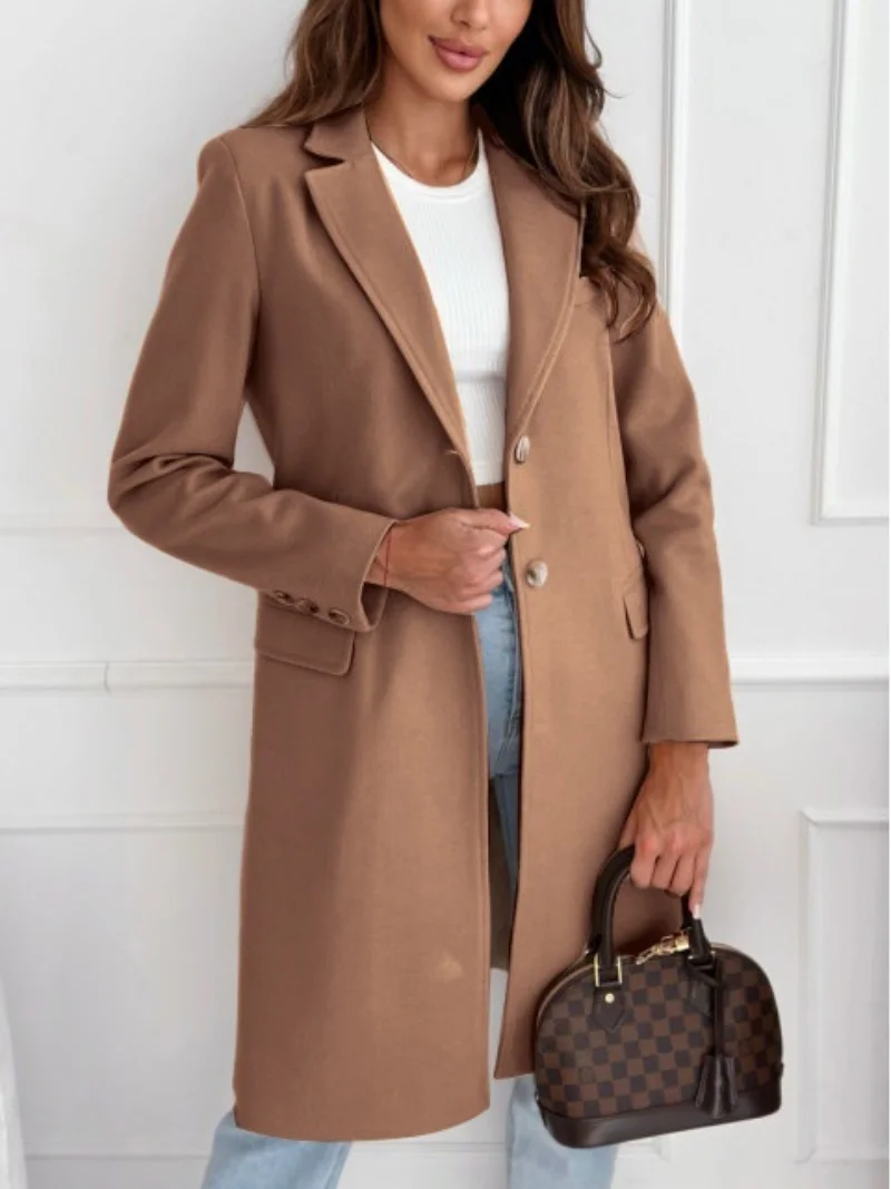 2024 Amazon wish popular autumn and winter simple solid colour medium and long button tweed coat women