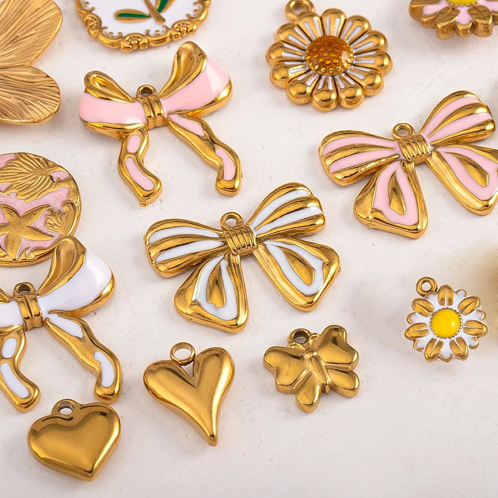 2pcs 5pcs Stainless Steel Flower Butterfly Love Heart Bow Pendent for DIY Necklace Earring Gift Jewelry Making Accessories