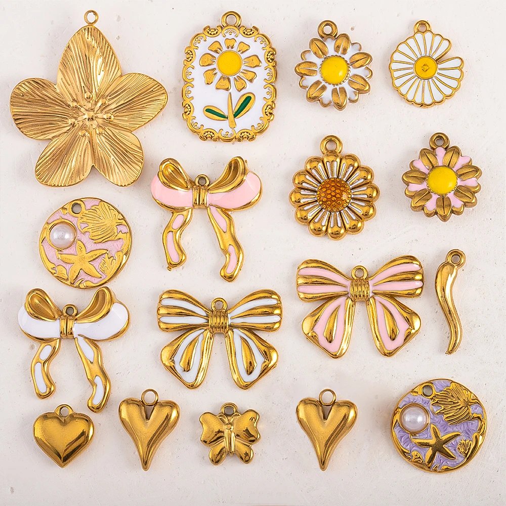 2pcs 5pcs Stainless Steel Flower Butterfly Love Heart Bow Pendent for DIY Necklace Earring Gift Jewelry Making Accessories