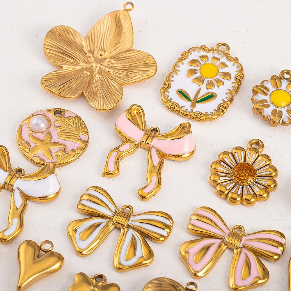 2pcs 5pcs Stainless Steel Flower Butterfly Love Heart Bow Pendent for DIY Necklace Earring Gift Jewelry Making Accessories