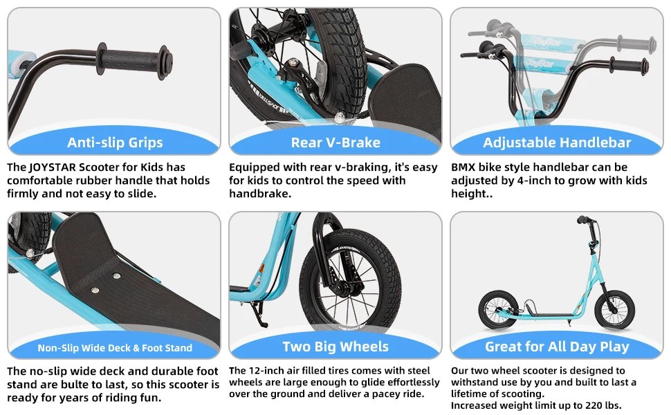 JOYSTAR Kick Scooter for Ages 5-9 Years Old Kids with 12 Inch Front and Rear Wheel, Rear V-Brake and Adjustable Handlebar