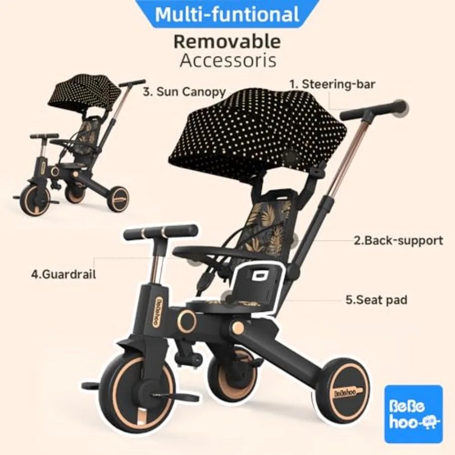 Foldable Toddler Tricycle Stroller with Push Handle 7-in-1 Balance Bike for 1 to 5 Years Gold Frame with Smooth Ride and Easy S