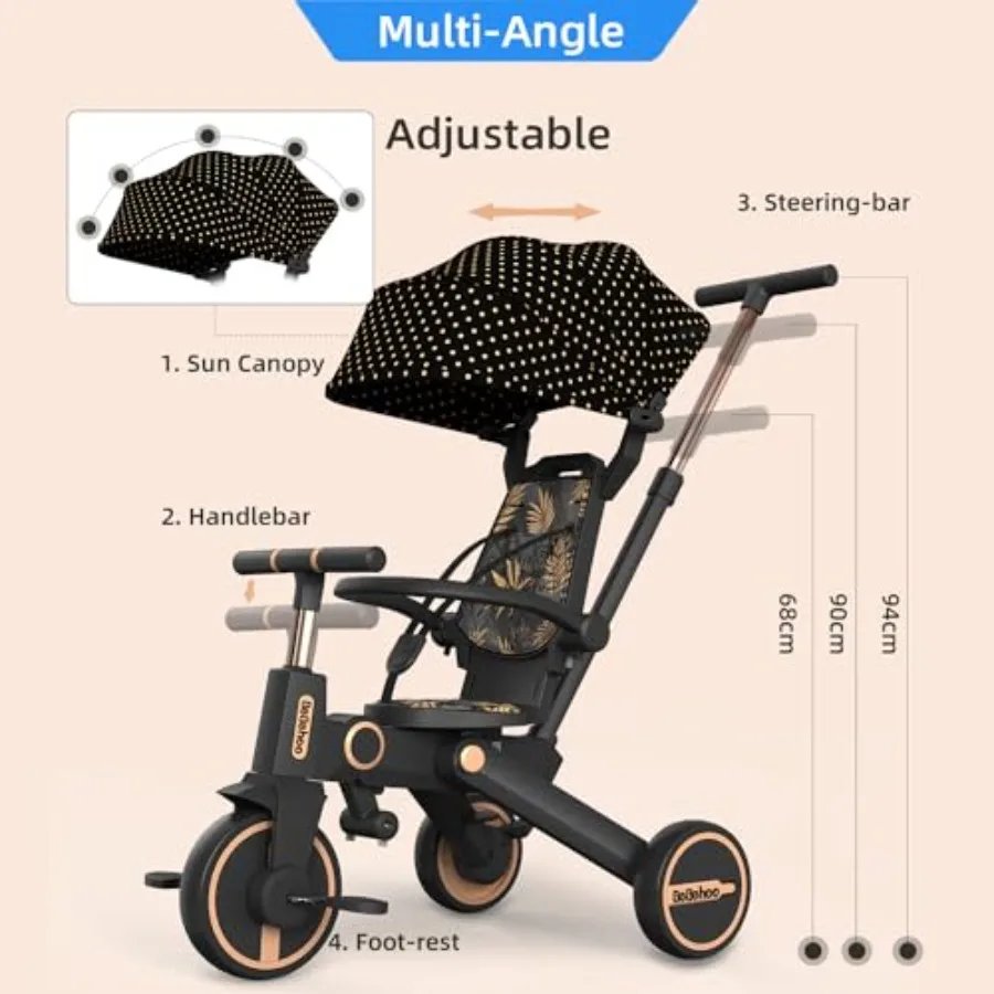 Foldable Toddler Tricycle Stroller with Push Handle 7-in-1 Balance Bike for 1 to 5 Years Gold Frame with Smooth Ride and Easy S