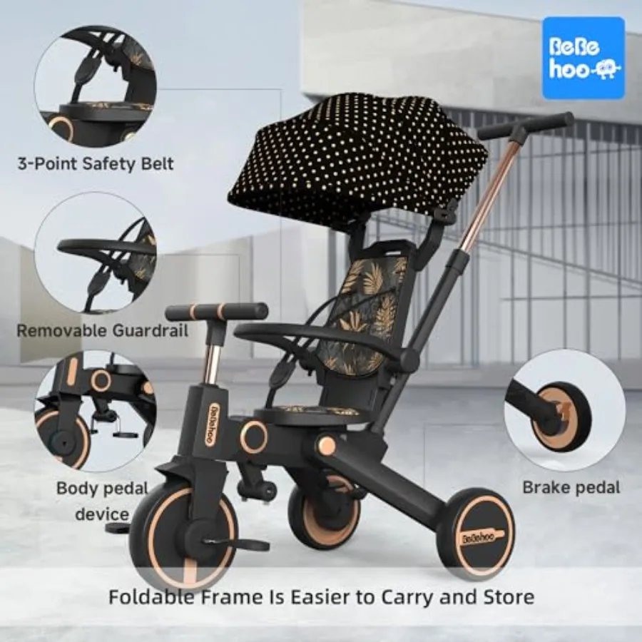 Foldable Toddler Tricycle Stroller with Push Handle 7-in-1 Balance Bike for 1 to 5 Years Gold Frame with Smooth Ride and Easy S