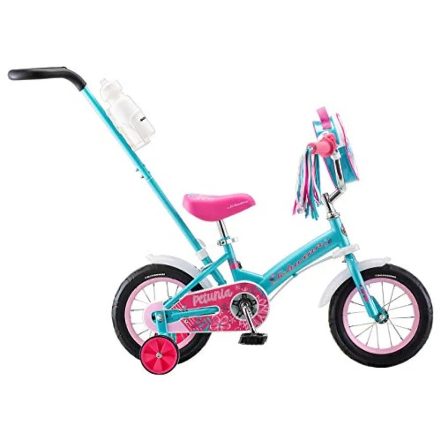 12 Inch Bike for Ages 2-4 Orange Teal Pink or Blue Steerable Beginner Bicycle with Training Wheels Parent Push Handle Rear Coas