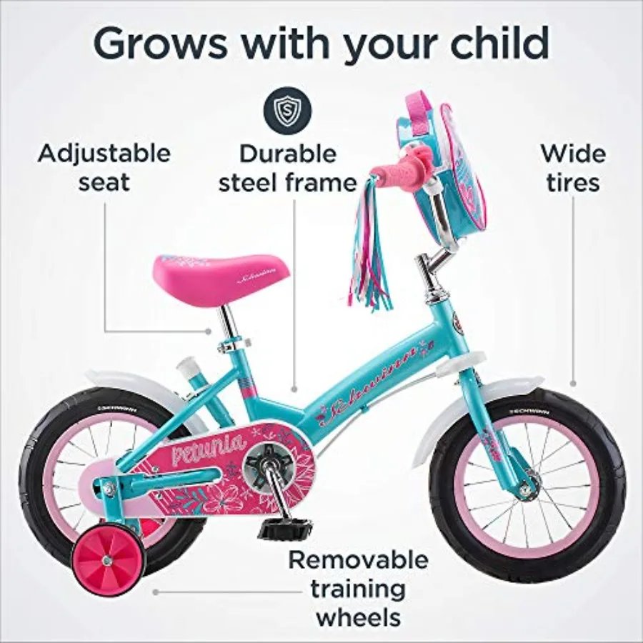 12 Inch Bike for Ages 2-4 Orange Teal Pink or Blue Steerable Beginner Bicycle with Training Wheels Parent Push Handle Rear Coas