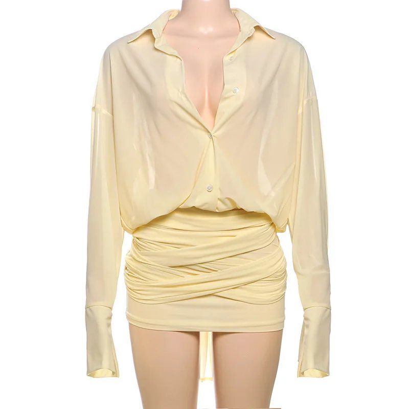 Fashion See Through Shirt Mini Dress Flare Sleeve
