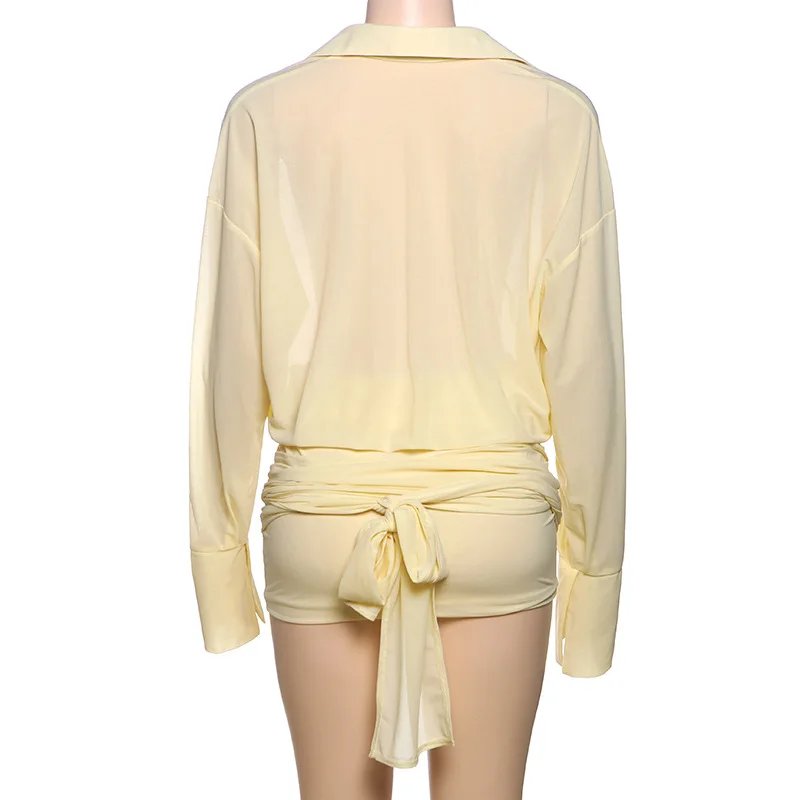 Fashion See Through Shirt Mini Dress Flare Sleeve