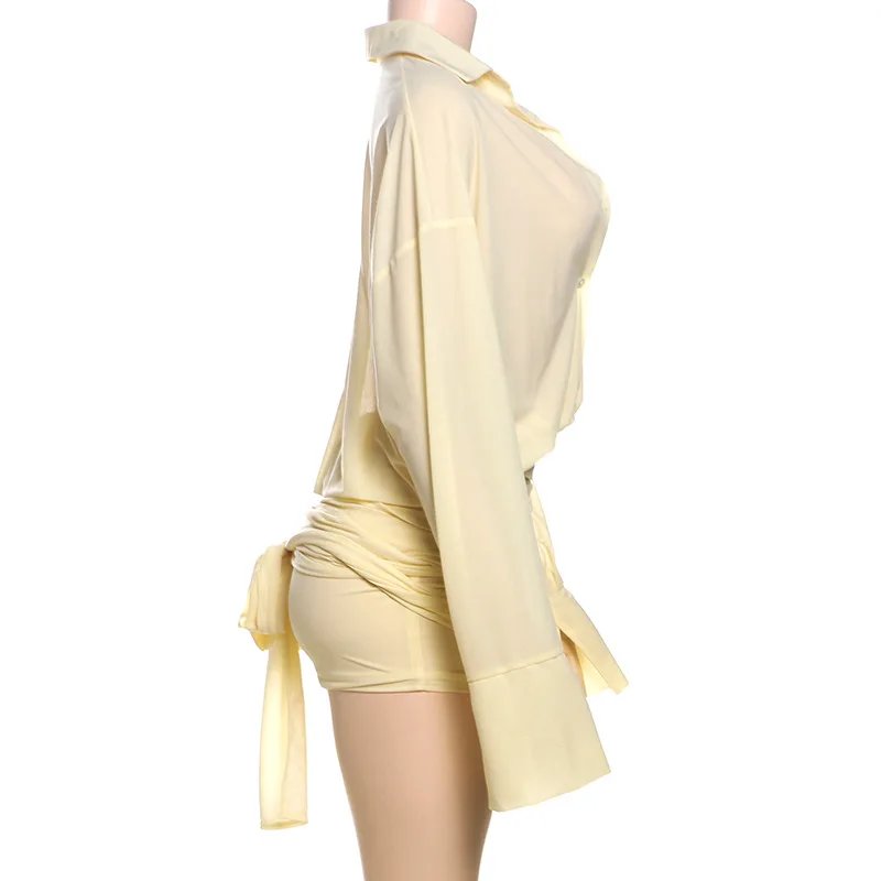 Fashion See Through Shirt Mini Dress Flare Sleeve