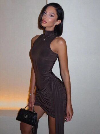 Elegant Turtleneck Sleeveless Sexy Mini Dress For Women  Ruched Tank Dress