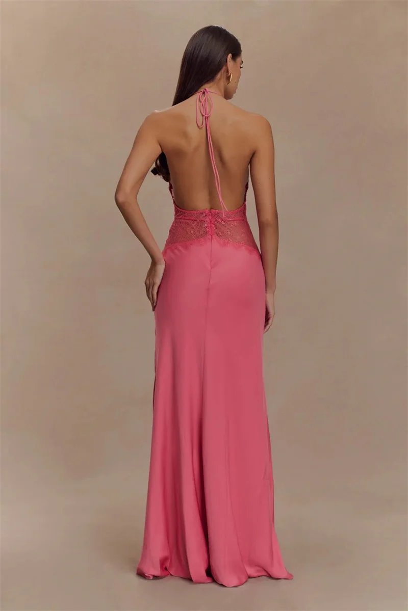 Backless Sexy Maxi Women Gown Patchwork Lace Halter Deep V Neck Sleeveless High Waist Elegant Long Dress
