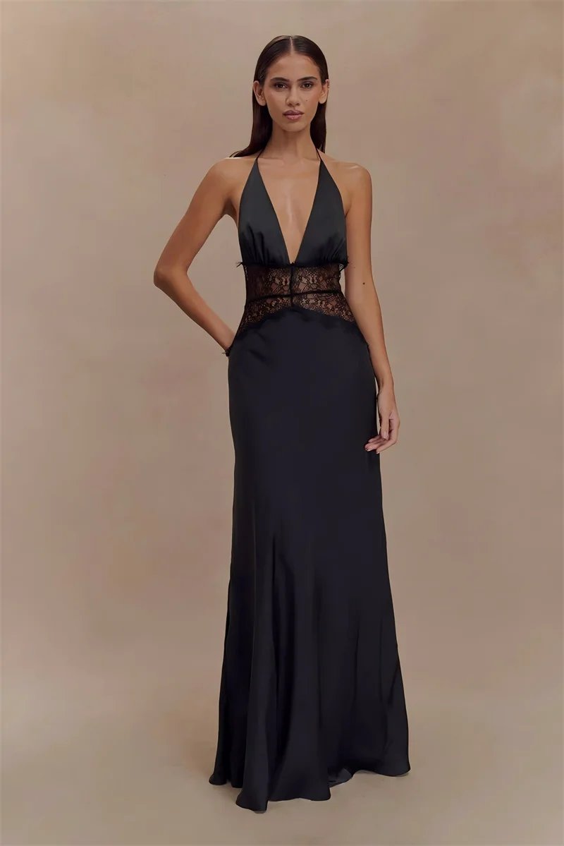 Backless Sexy Maxi Women Gown Patchwork Lace Halter Deep V Neck Sleeveless High Waist Elegant Long Dress