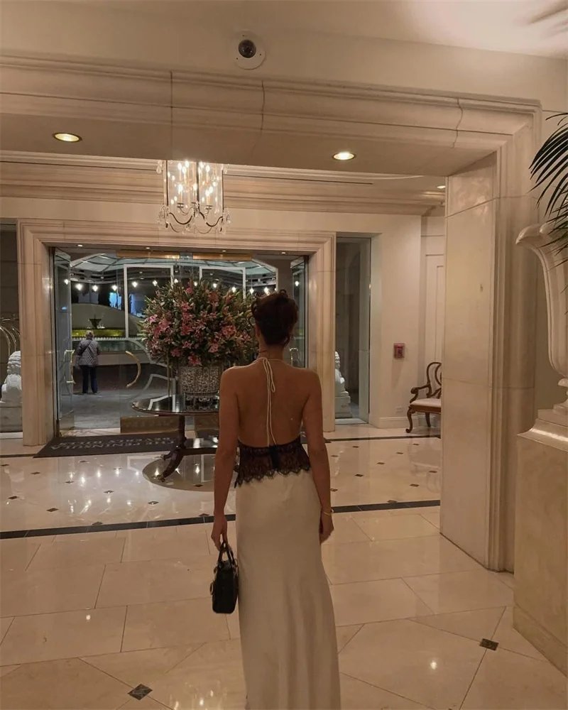 Backless Sexy Maxi Women Gown Patchwork Lace Halter Deep V Neck Sleeveless High Waist Elegant Long Dress