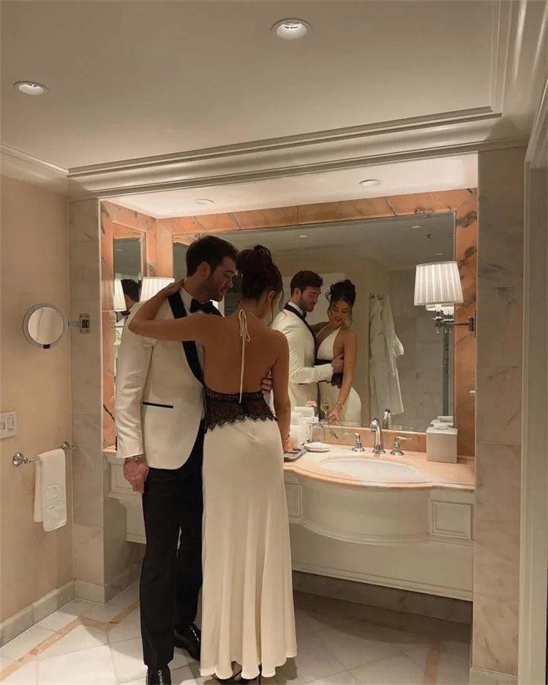 Backless Sexy Maxi Women Gown Patchwork Lace Halter Deep V Neck Sleeveless High Waist Elegant Long Dress