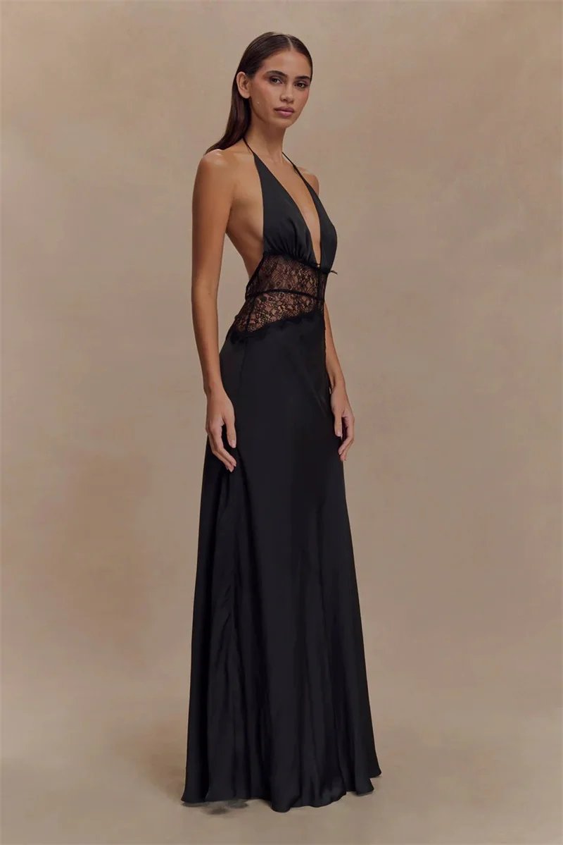 Backless Sexy Maxi Women Gown Patchwork Lace Halter Deep V Neck Sleeveless High Waist Elegant Long Dress