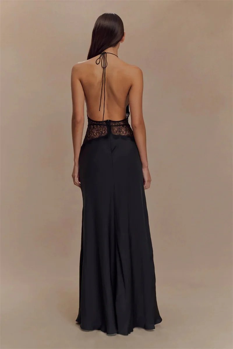 Backless Sexy Maxi Women Gown Patchwork Lace Halter Deep V Neck Sleeveless High Waist Elegant Long Dress