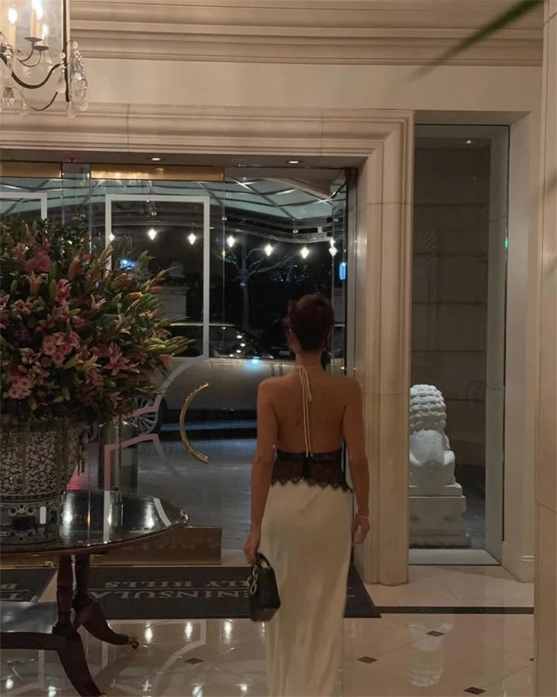 Backless Sexy Maxi Women Gown Patchwork Lace Halter Deep V Neck Sleeveless High Waist Elegant Long Dress