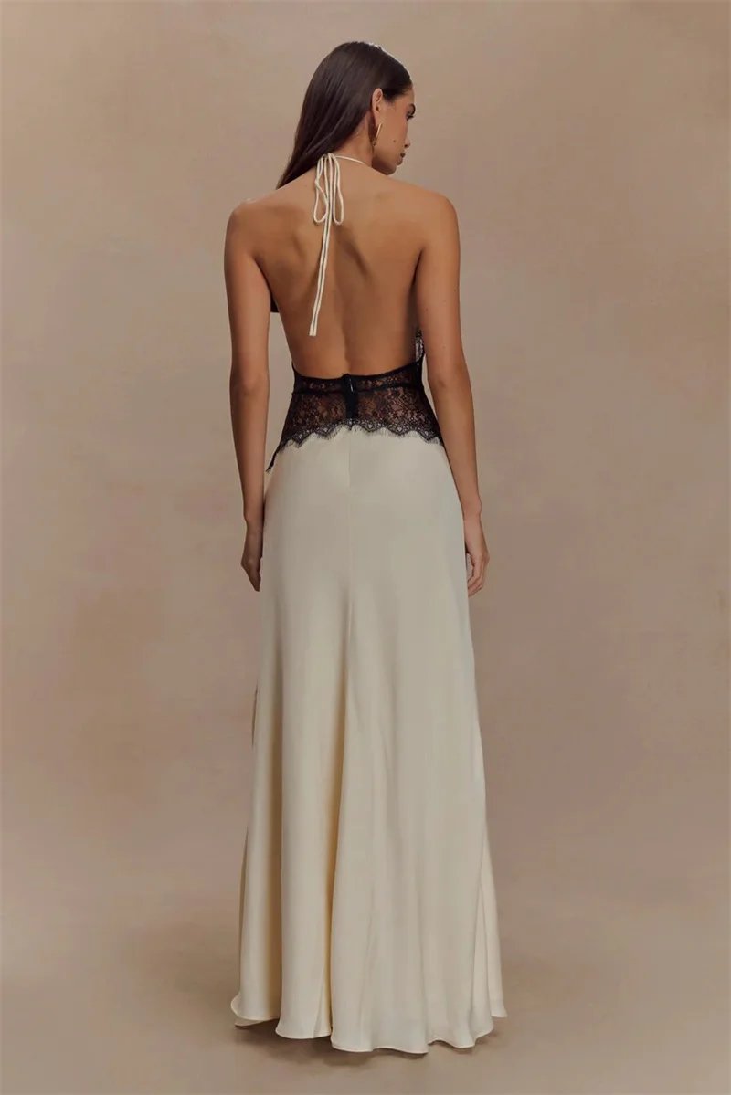 Backless Sexy Maxi Women Gown Patchwork Lace Halter Deep V Neck Sleeveless High Waist Elegant Long Dress