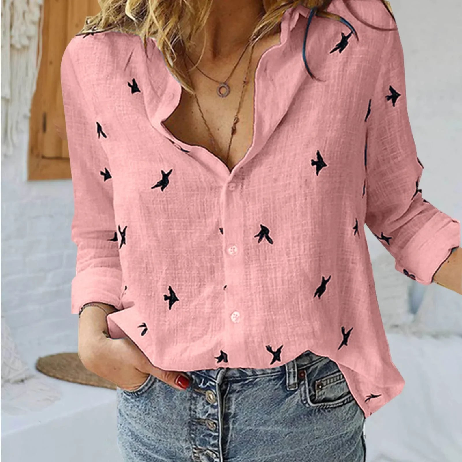Thin Cool Cotton Linen Shirt Elegant V-Neck Long Sleeve