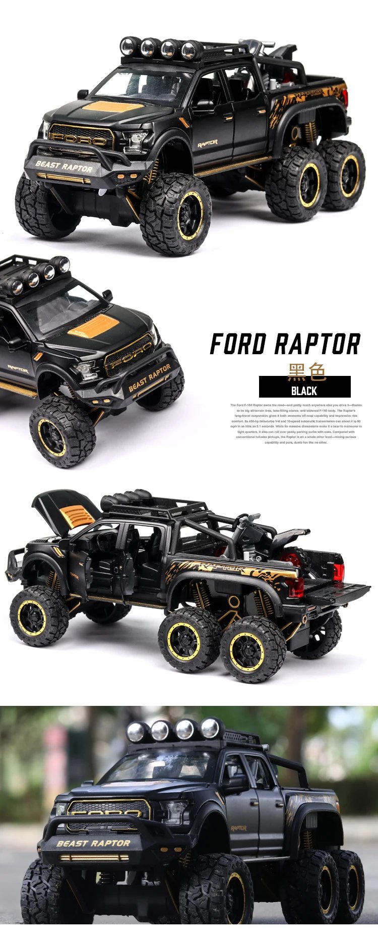 1:24 Scale Simulation Ford Raptor F150 Off-road Alloy Diecast Classic Car Model Supercar Sound Light boys toy Gift