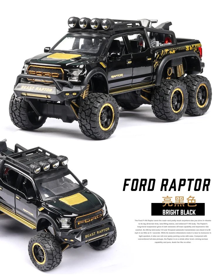 1:24 Scale Simulation Ford Raptor F150 Off-road Alloy Diecast Classic Car Model Supercar Sound Light boys toy Gift