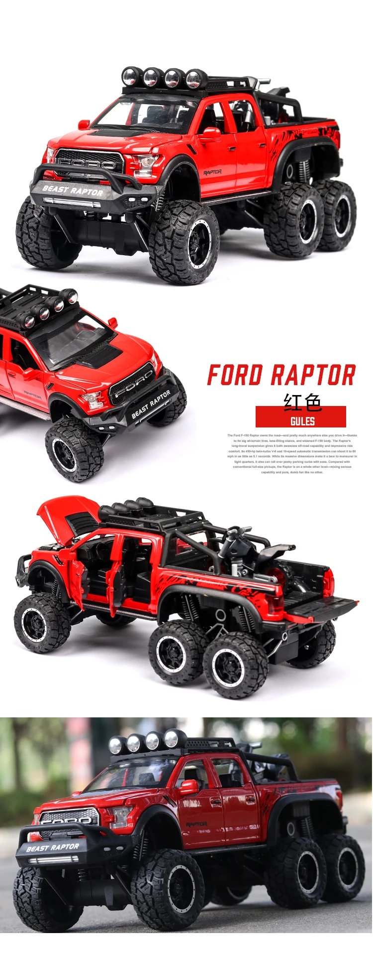 1:24 Scale Simulation Ford Raptor F150 Off-road Alloy Diecast Classic Car Model Supercar Sound Light boys toy Gift