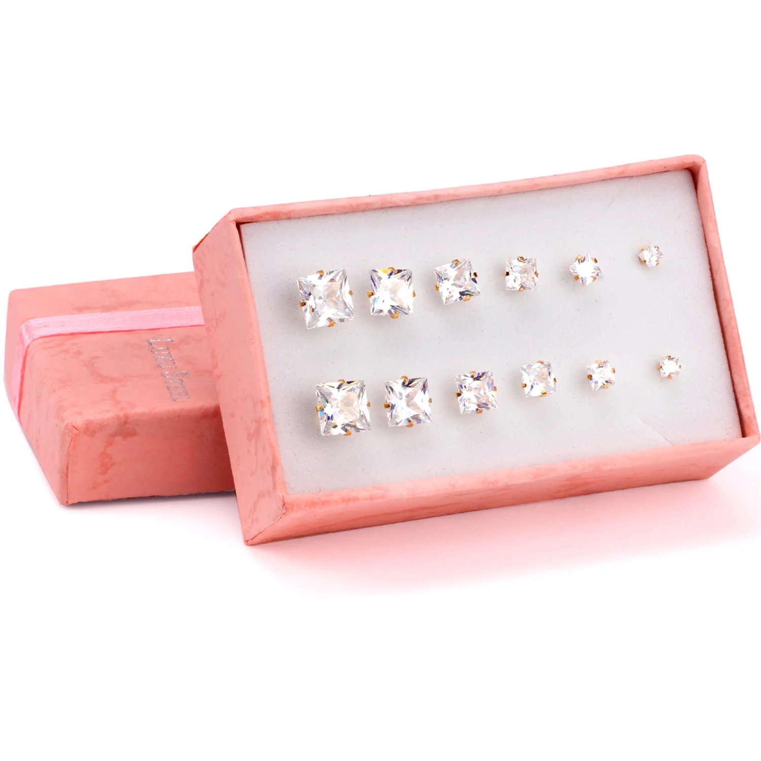 LUXUSTEEL 6Pairs/Box Square Shape CZ Crystal Stud Earrings Sets For Women Men Silver Color Stainless Steel Fashion Jewelry 3-8mm