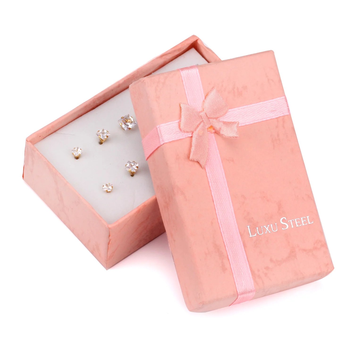 LUXUSTEEL 6Pairs/Box Square Shape CZ Crystal Stud Earrings Sets For Women Men Silver Color Stainless Steel Fashion Jewelry 3-8mm