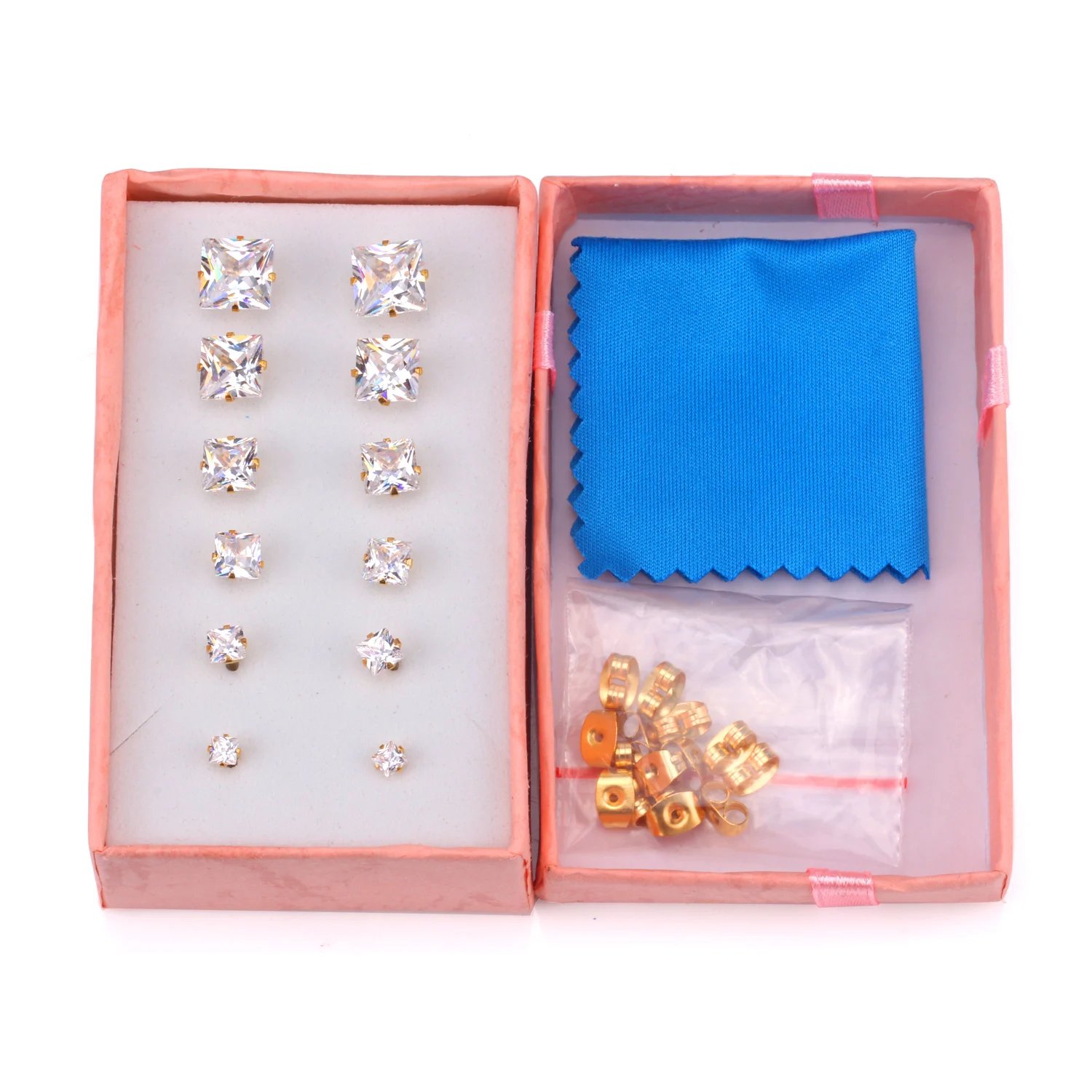 LUXUSTEEL 6Pairs/Box Square Shape CZ Crystal Stud Earrings Sets For Women Men Silver Color Stainless Steel Fashion Jewelry 3-8mm