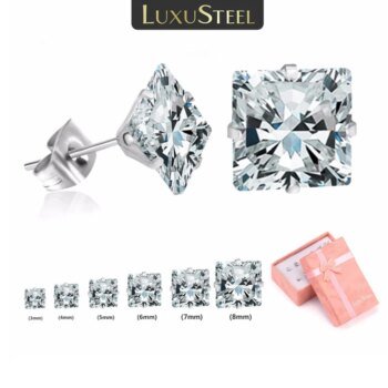 LUXUSTEEL 6Pairs/Box Square Shape CZ Crystal Stud Earrings Sets For Women Men Silver Color Stainless Steel Fashion Jewelry 3-8mm