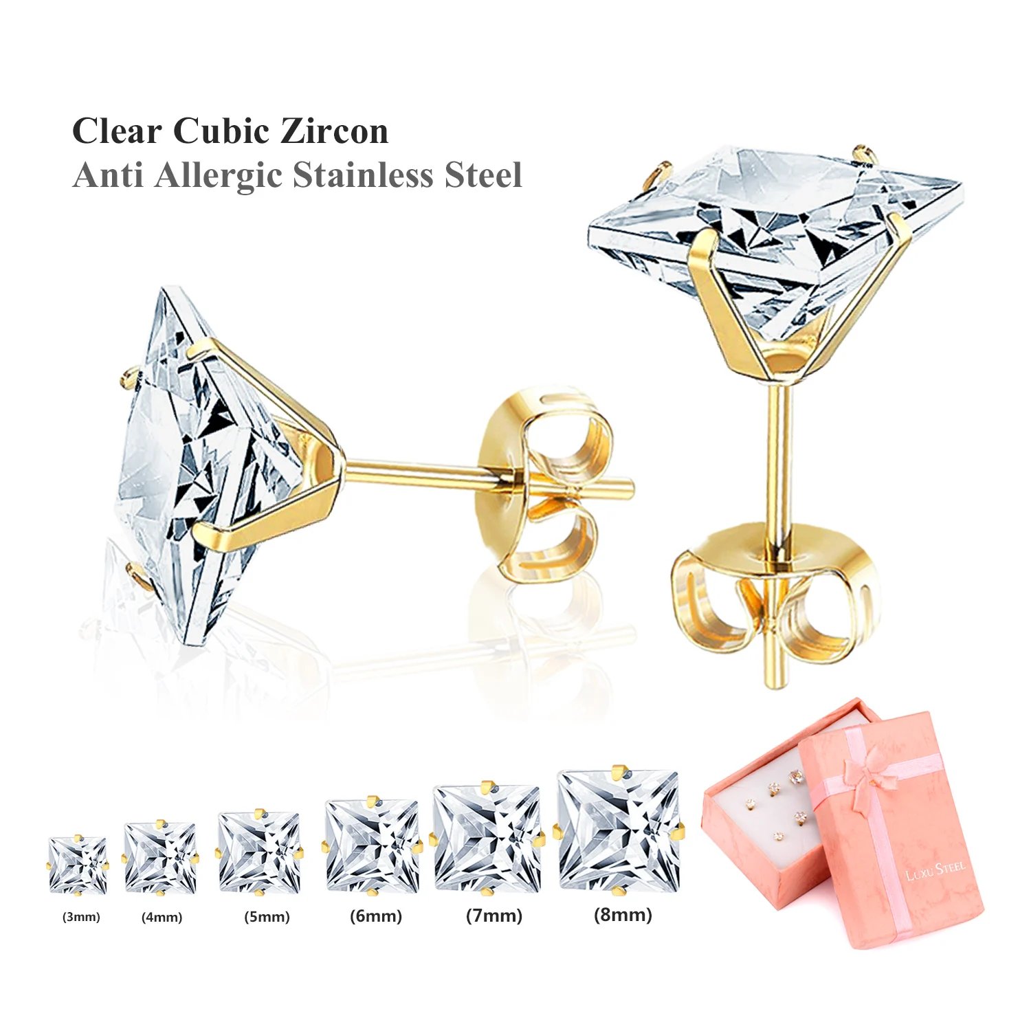 LUXUSTEEL 6Pairs/Box Square Shape CZ Crystal Stud Earrings Sets For Women Men Silver Color Stainless Steel Fashion Jewelry 3-8mm