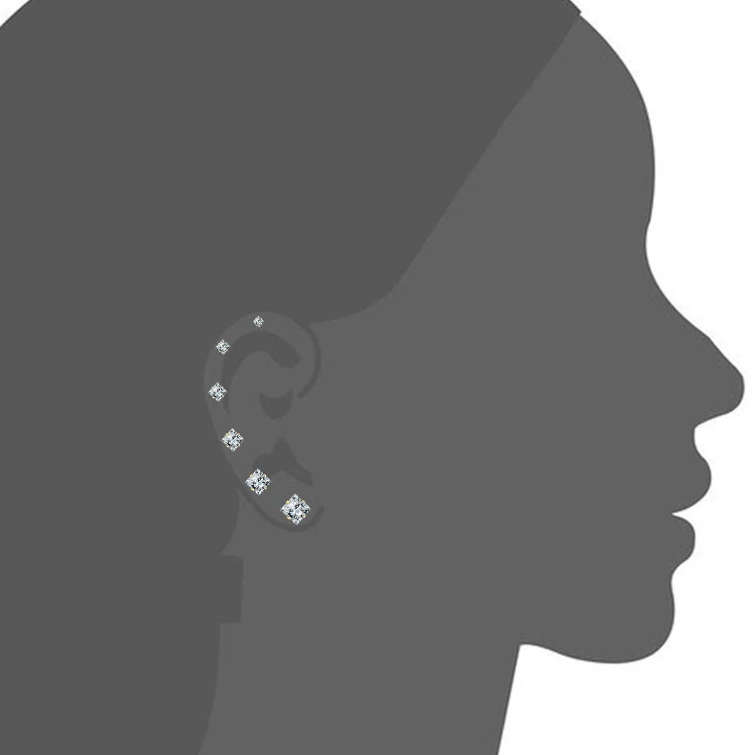 LUXUSTEEL 6Pairs/Box Square Shape CZ Crystal Stud Earrings Sets For Women Men Silver Color Stainless Steel Fashion Jewelry 3-8mm