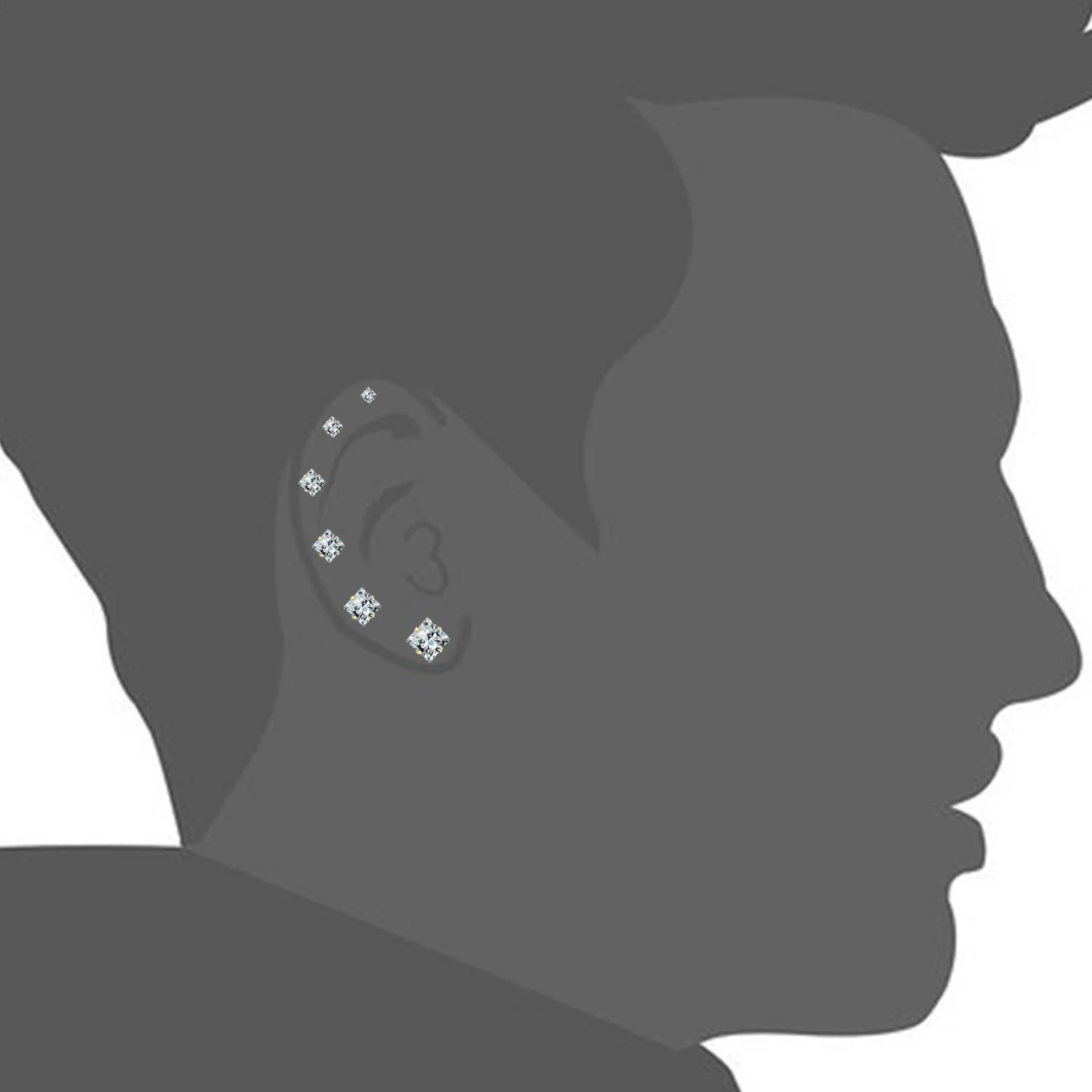 LUXUSTEEL 6Pairs/Box Square Shape CZ Crystal Stud Earrings Sets For Women Men Silver Color Stainless Steel Fashion Jewelry 3-8mm