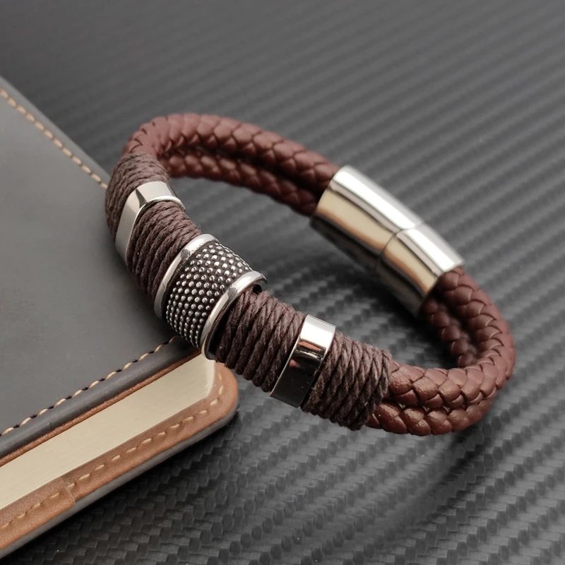 Luxury Vintage Multilayer Brown Leather Stainless Steel  Men Bracelet Bead Bracelet Jewelry Male Wrist Bangle Christmas Gifts