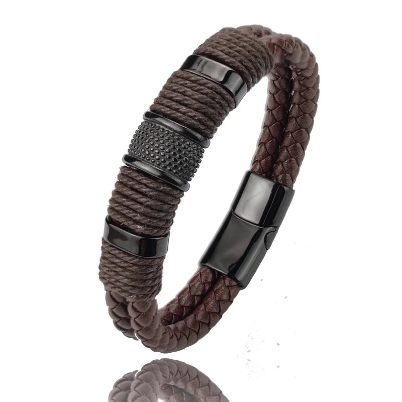 Luxury Vintage Multilayer Brown Leather Stainless Steel  Men Bracelet Bead Bracelet Jewelry Male Wrist Bangle Christmas Gifts