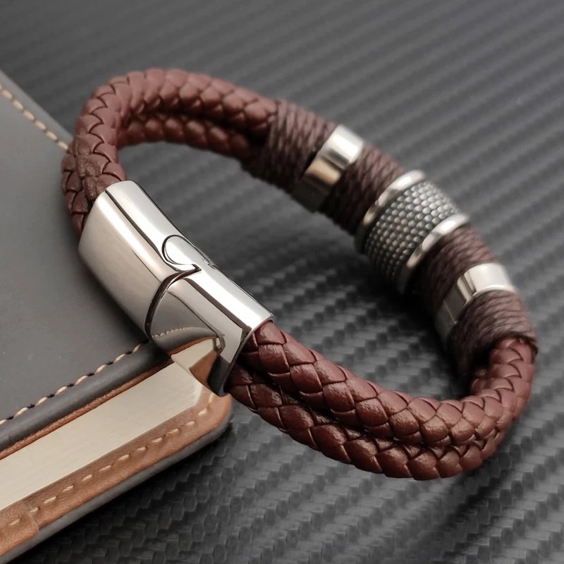 Luxury Vintage Multilayer Brown Leather Stainless Steel  Men Bracelet Bead Bracelet Jewelry Male Wrist Bangle Christmas Gifts