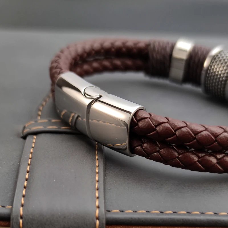 Luxury Vintage Multilayer Brown Leather Stainless Steel  Men Bracelet Bead Bracelet Jewelry Male Wrist Bangle Christmas Gifts