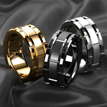 Fashion 8mm Brick Pattern Stainless Steel Rings For Men Black Brushed Double Groove Men Engagement Rings Wedding Band Jewelry