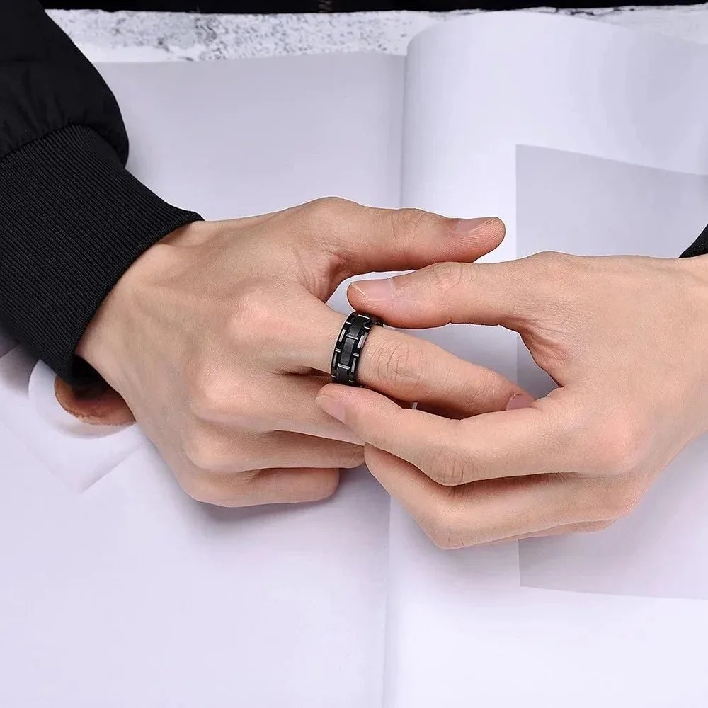 Fashion 8mm Brick Pattern Stainless Steel Rings For Men Black Brushed Double Groove Men Engagement Rings Wedding Band Jewelry