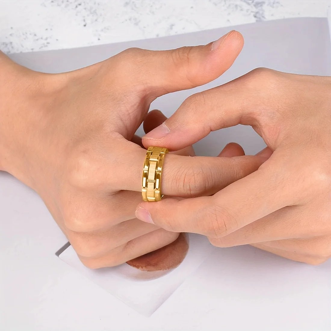 Fashion 8mm Brick Pattern Stainless Steel Rings For Men Black Brushed Double Groove Men Engagement Rings Wedding Band Jewelry