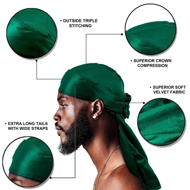 1-4Pcs New Silk Plus (High-Density) Durag Bandana Turban Hat Men Breathable Long Tail Doo Rag for men Durags Pirate Hat Headband
