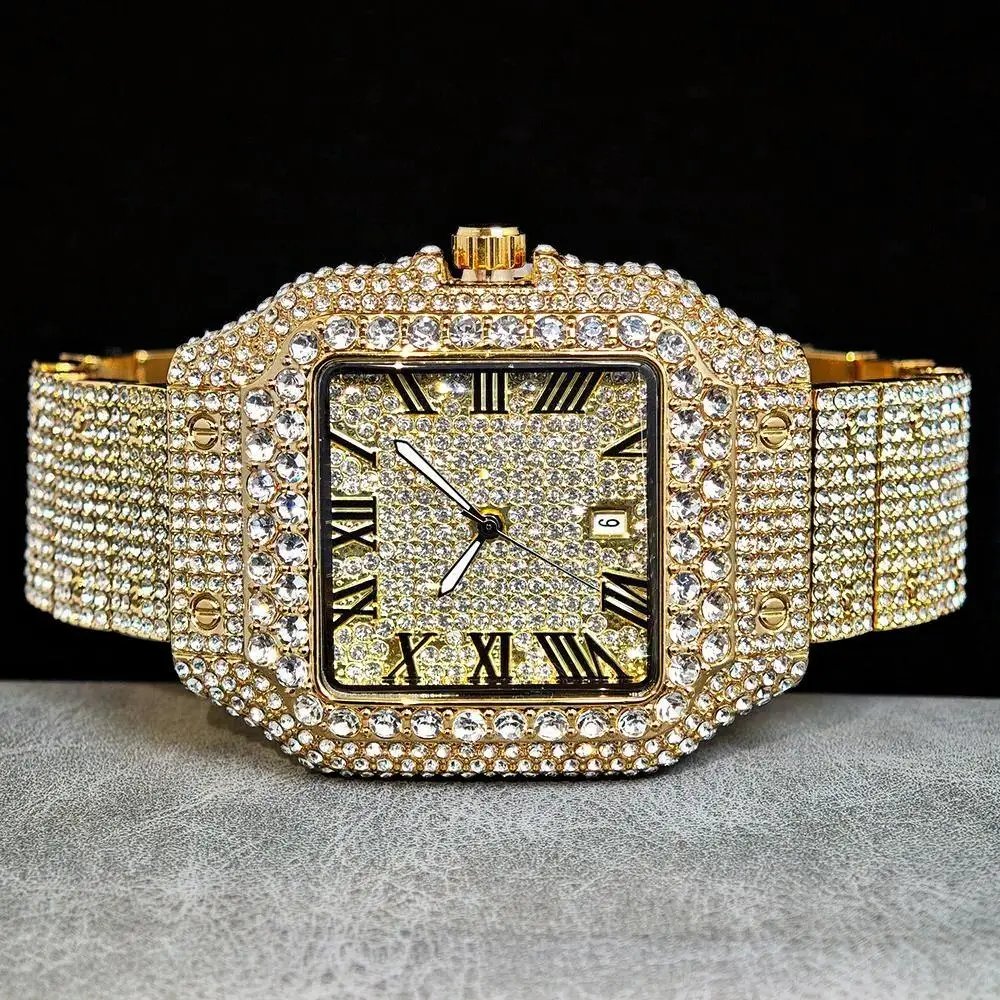 Hot UNIGUET Men's Square Watch Luxury Hip Hop Diamond Jewelry Waterproof Stainless Steel Quartz Wristwatch Fashion Man Accessory