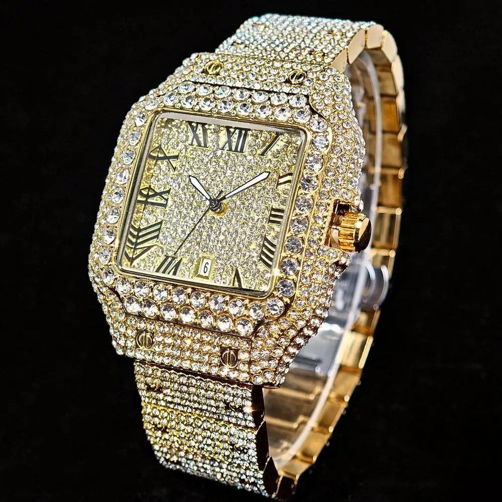 Hot UNIGUET Men's Square Watch Luxury Hip Hop Diamond Jewelry Waterproof Stainless Steel Quartz Wristwatch Fashion Man Accessory