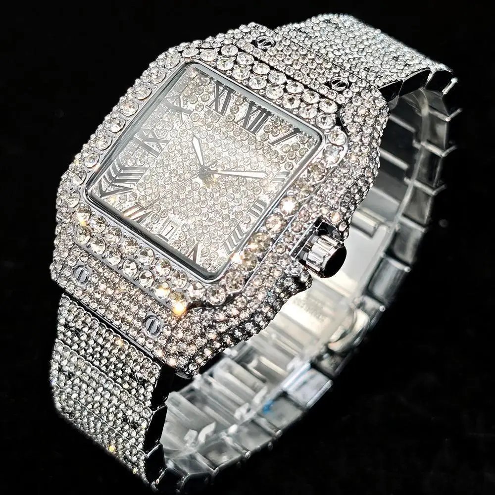 Hot UNIGUET Men's Square Watch Luxury Hip Hop Diamond Jewelry Waterproof Stainless Steel Quartz Wristwatch Fashion Man Accessory