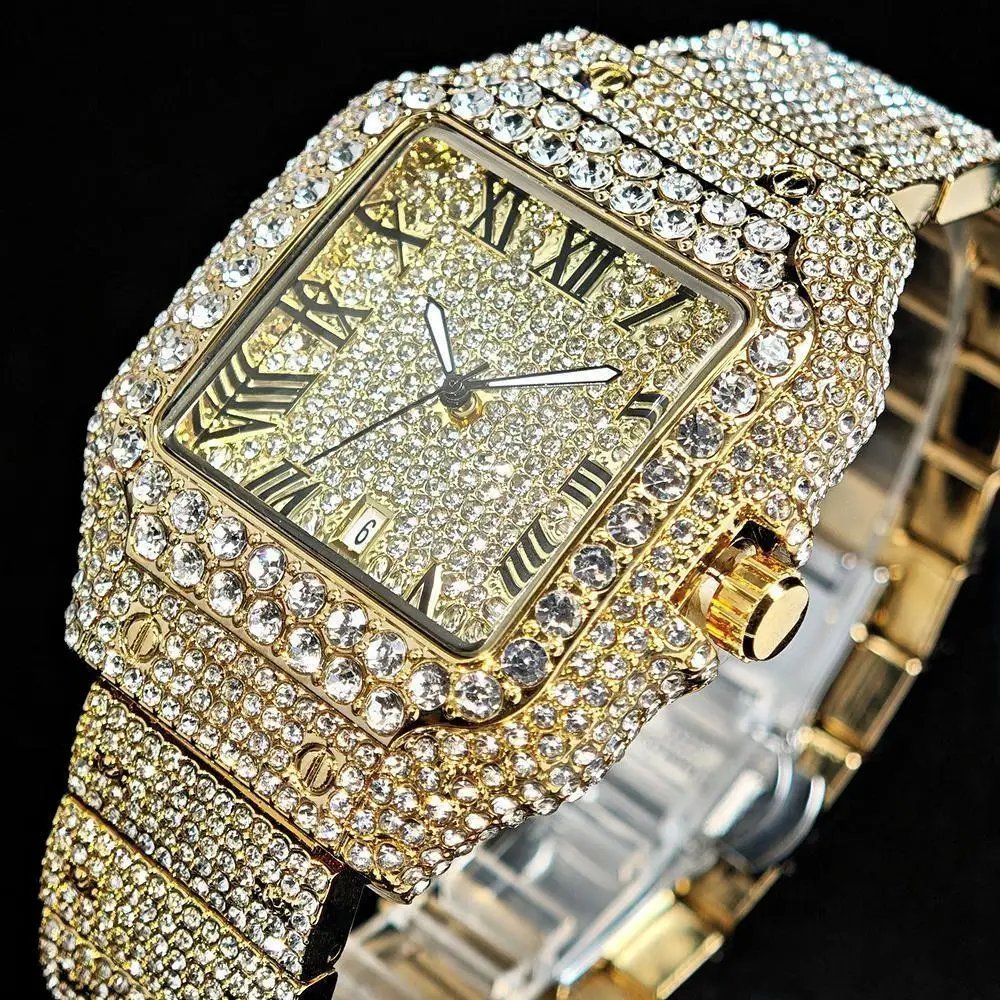 Hot UNIGUET Men's Square Watch Luxury Hip Hop Diamond Jewelry Waterproof Stainless Steel Quartz Wristwatch Fashion Man Accessory