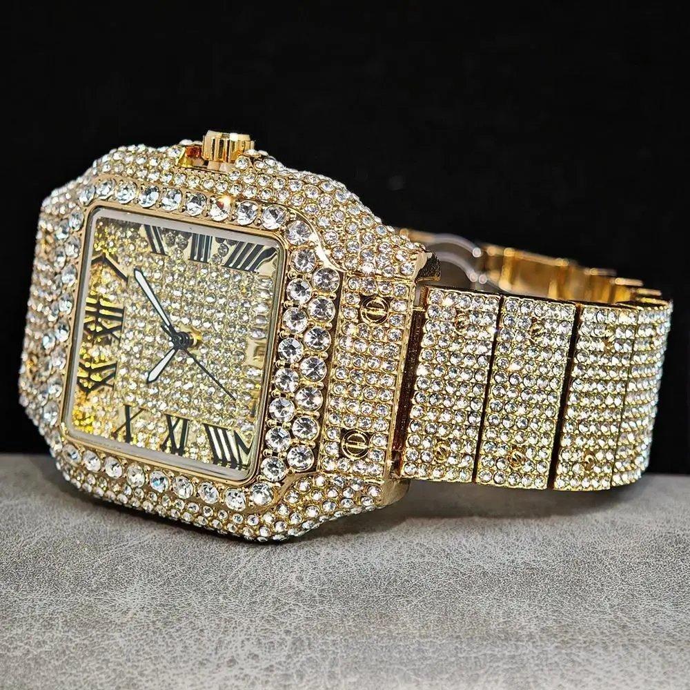 Hot UNIGUET Men's Square Watch Luxury Hip Hop Diamond Jewelry Waterproof Stainless Steel Quartz Wristwatch Fashion Man Accessory