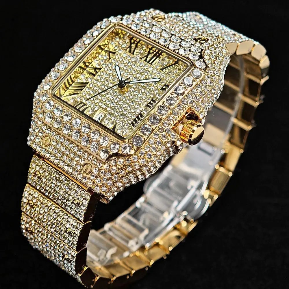 Hot UNIGUET Men's Square Watch Luxury Hip Hop Diamond Jewelry Waterproof Stainless Steel Quartz Wristwatch Fashion Man Accessory